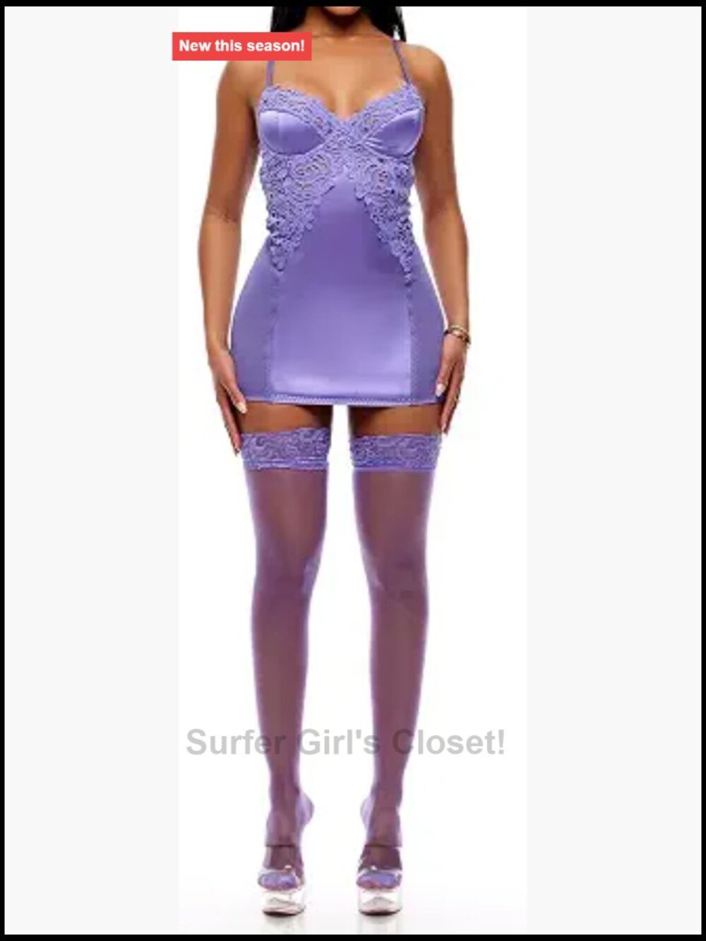 Guipure Lace 3-Piece Chemise Set with Thong & Stockings